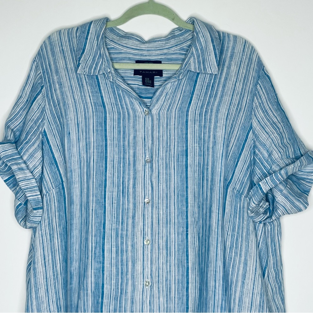 Tahari Plus 100% Linen Collar Shirt Dress Light Blue stripe button up 2X pockets - Picture 5 of 16